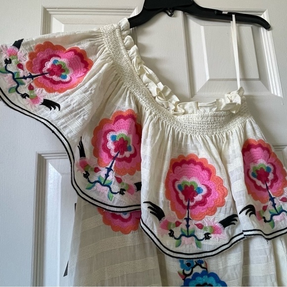 Anthropologie One Shoulder Sundress Ruffles Embroidered Floral Tan Pink Size S - Picture 6 of 13